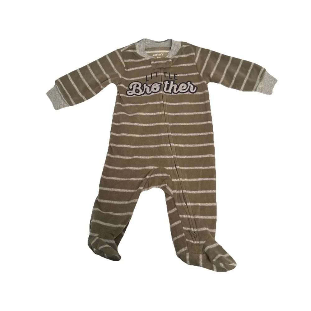 Carters Little Brother Size 3M Green Gray Fleece Long Sleeve Footed Pajamas NWOT